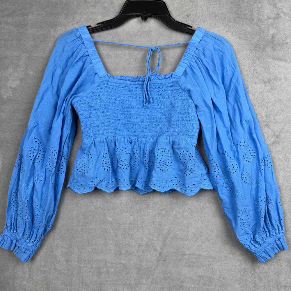 American‎ Eagle Blue Eyelet Smocked Crop Top Long Sleeve Boho Peplum - Picture 6 of 6